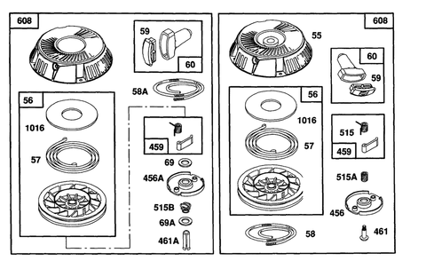(2) Rewind Assemblies Diagram and Parts List for 104772-0122-XX  Briggs and Stratton Engine